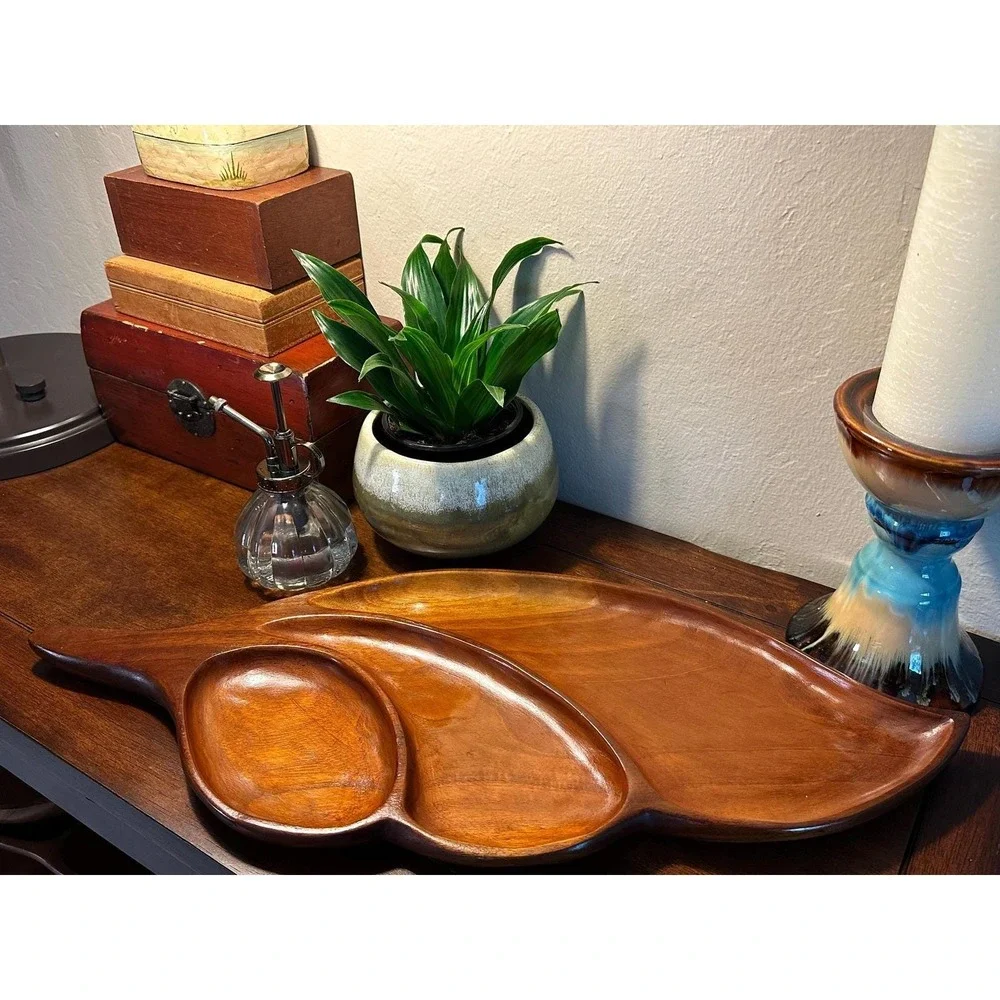 Vintage MCM Monkey Pod Wood Serving Tray 3 Compartment Snack Dish